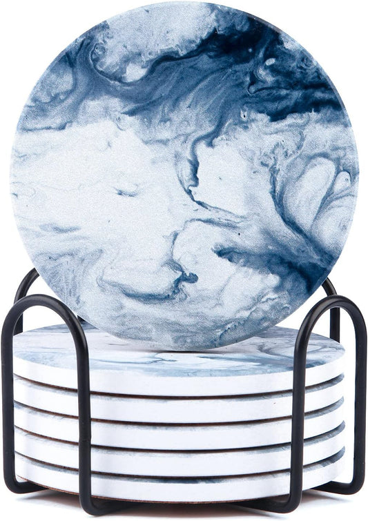 Blue Coasters for Drinks Marble Style,Absorbent Ceramic Coaster with Metal Holder Stand,House Warming Gifts Decor Set of 6 with Cork Base for Wooden Table