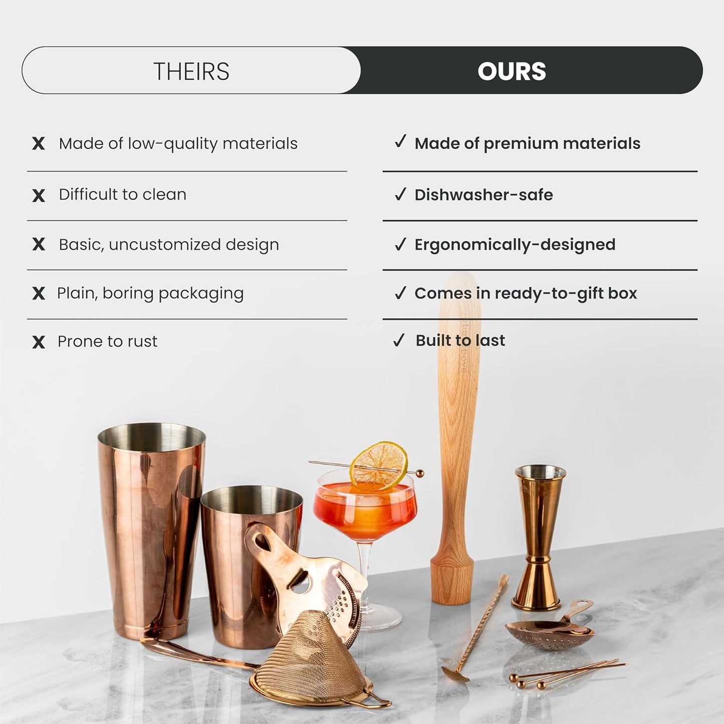 A Bar Above 14-Piece Stainless Steel Bartender Kit, Premium Professional Barware Set for Home Bars and Mixologists, Includes Cocktail Shaker, Jigger, Spoon, Strainers, Muddler, Picks, and More