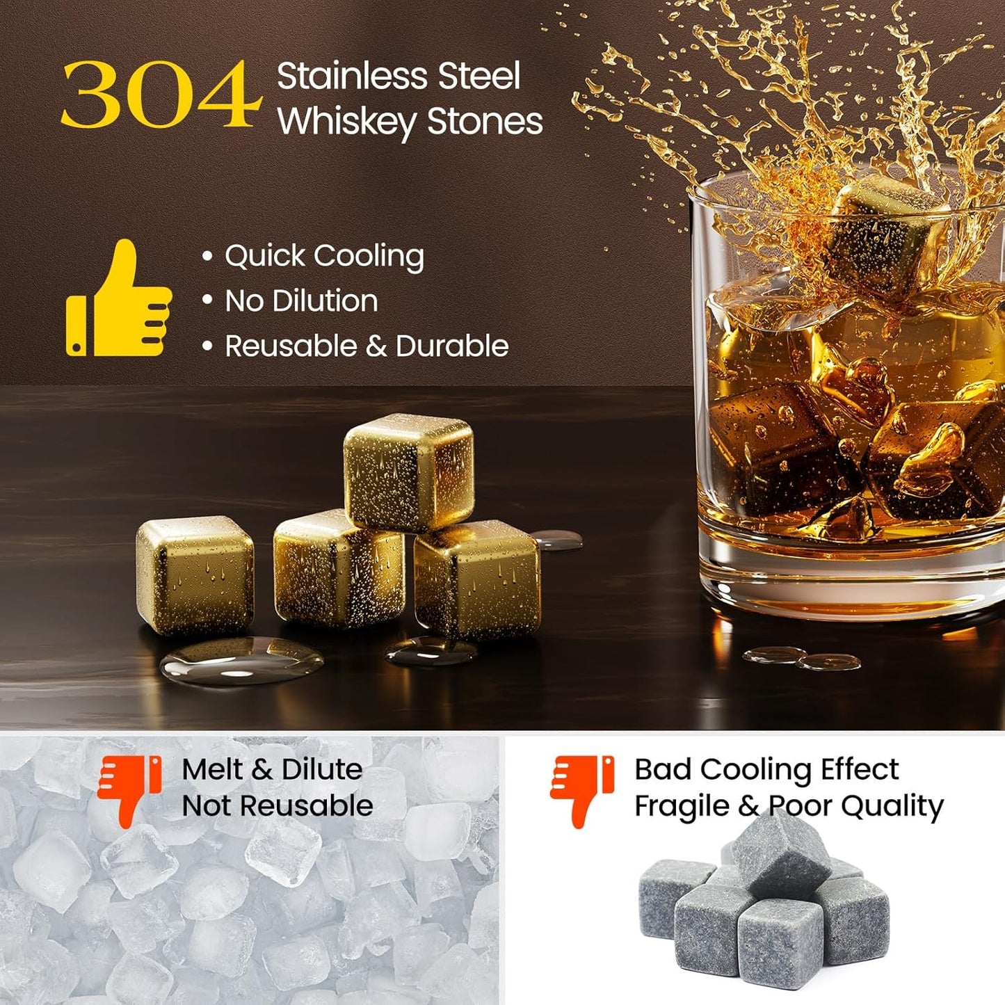 Kollea Whiskey Stones, 8-Pack Golden Stainless Steel Whiskey Chilling Rocks, Reusable Ice Cube for Drinking, Rum Cocktail Drink Accessories, Bartender Kit, House Warming Gifts, Drinking Bar, Christmas