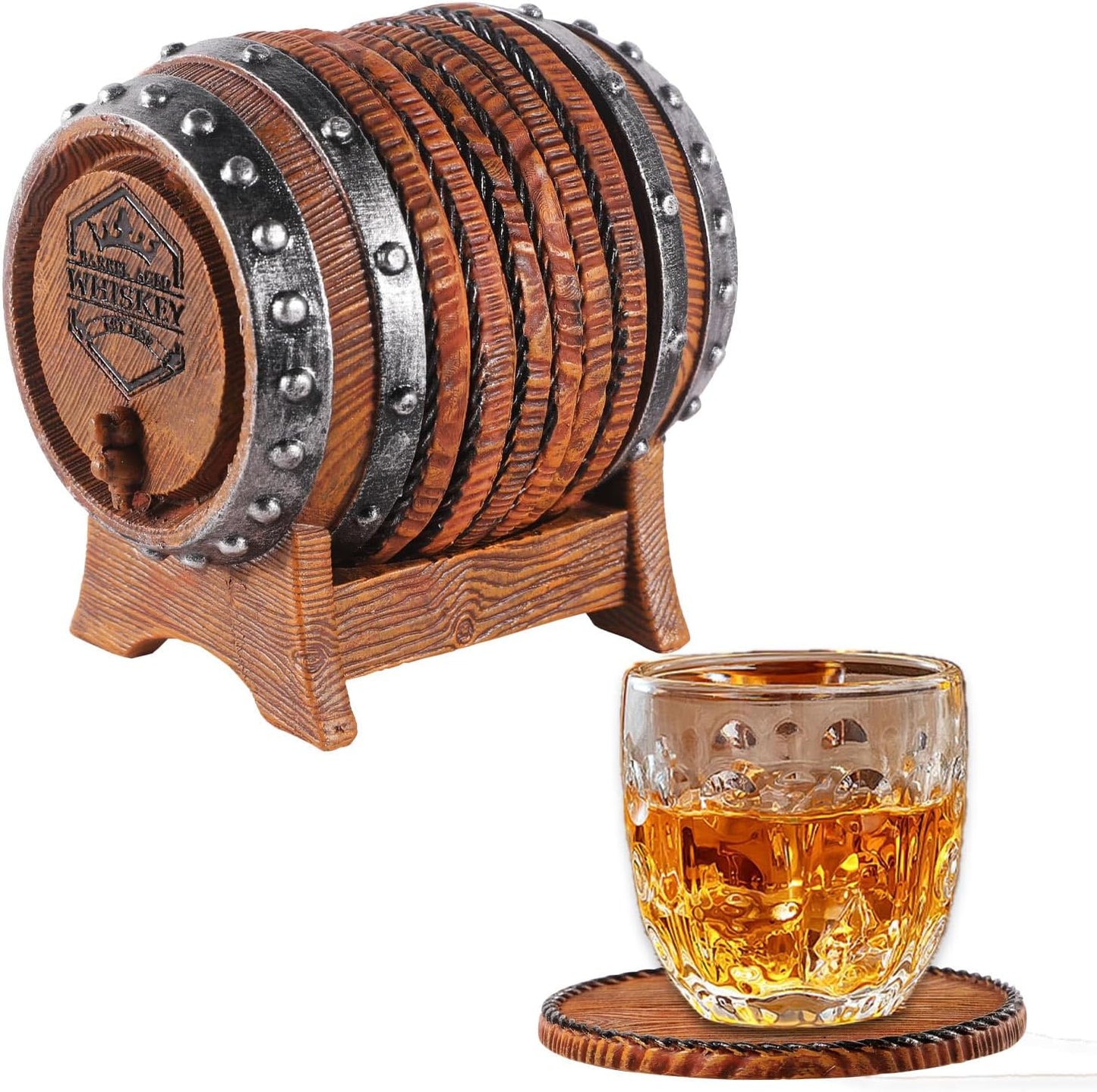 Whiskey Barrel Coasters Set 6 Full Size Non-Slip Cabin Decor Bar Coasters, Indoor Christmas Decorations, Man Cave Gifts for Men and Whiskey Lovers, Rustic Handmade Cup Coaster for The Home