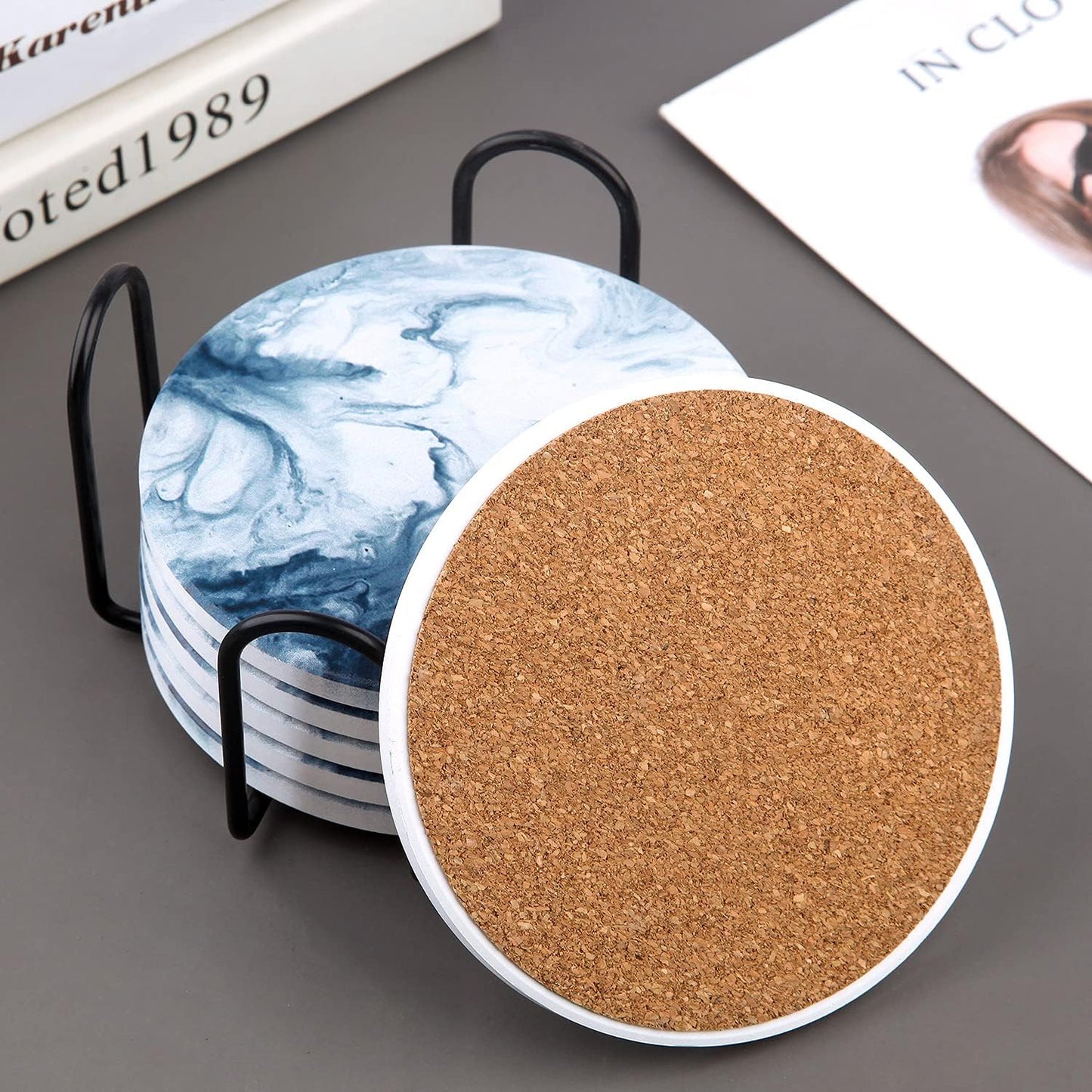 Blue Coasters for Drinks Marble Style,Absorbent Ceramic Coaster with Metal Holder Stand,House Warming Gifts Decor Set of 6 with Cork Base for Wooden Table