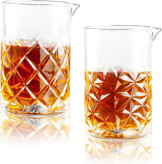 24 Oz Cocktail Mixing Glass Stirring Glasses for Whiskey Cocktail Mixing Shaker Glass Martini Old Fashioned Crystal Bar Set 700ml 2PCS - Lattice/ Ice Flowers
