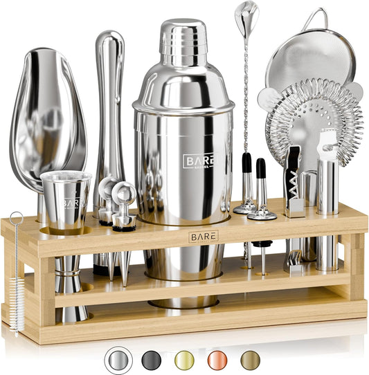BARE BARREL® Mixology Bartender Kit Bar Set | 16-Piece Cocktail Shaker Set | Martini Barware Mixing Tools for Home Bartending | Incl. 35 Recipe Cards | Gift Set (24oz Cobbler Shaker, Silver/Natural) - Silver/Natural