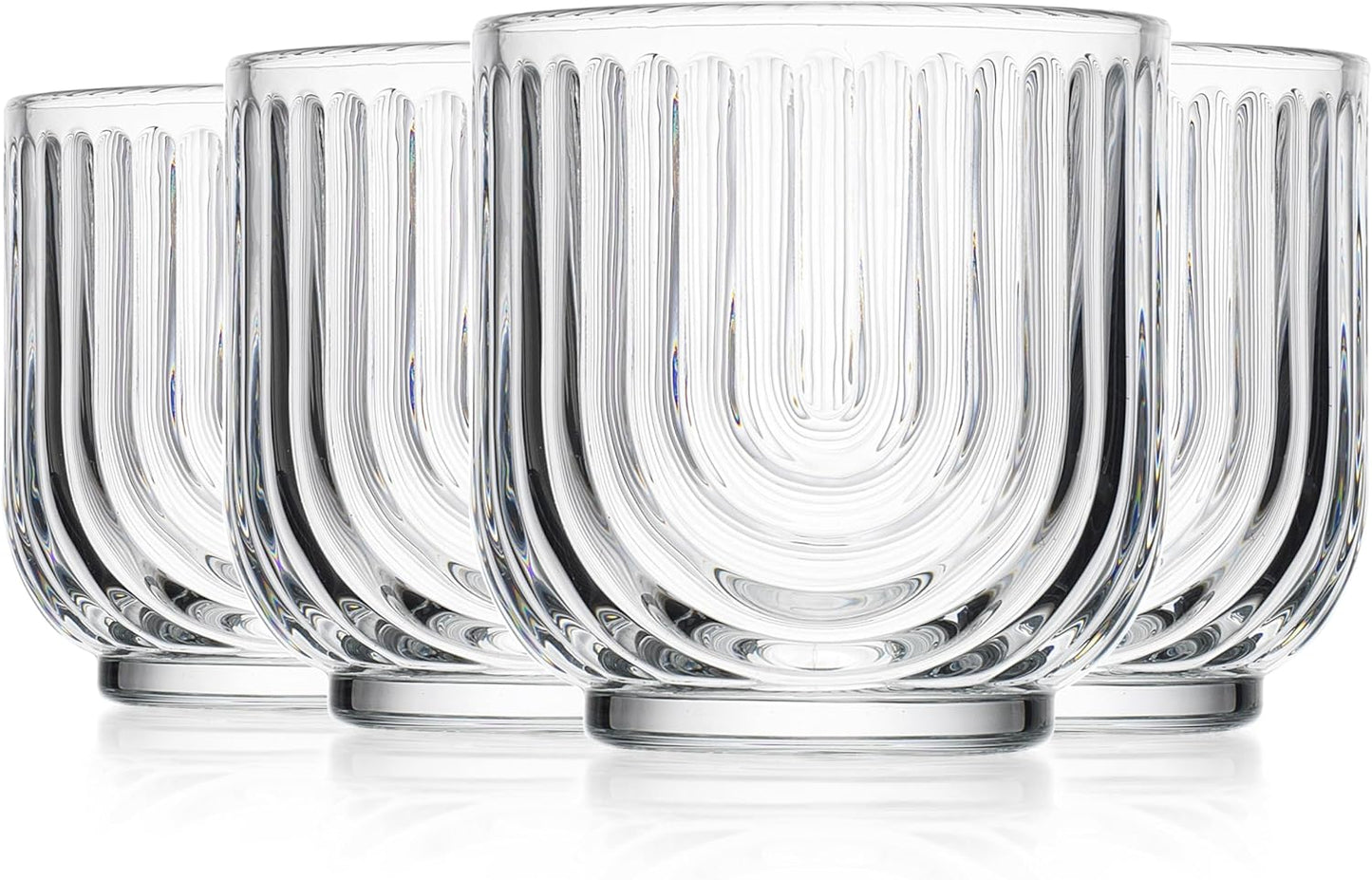 Glaver's Vintage Glassware Art Deco Glasse Ribbed Drinking Glasses U-Shape Arch Design Colored Cocktail Kitchen Tumblers Everyday Dinner Decorative Party (Clear S/4 11oz)