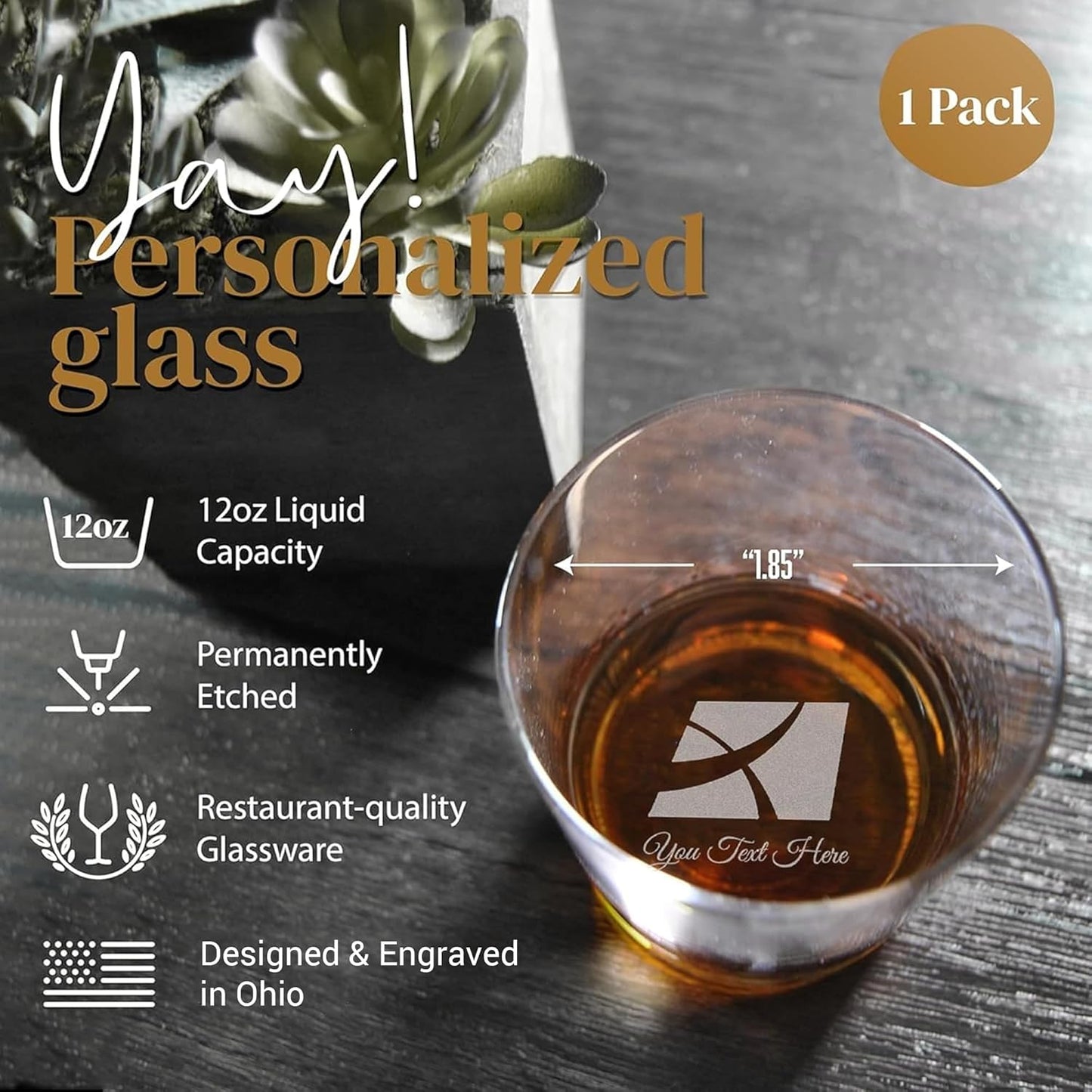 Bottom Engraved Whiskey & Bourbon Glass Set with Custom Logo - 12oz Personalized Scotch Glasses Bulk Pack, Set of 6/12/100, Ideal Gifts for Men Him, Anniversary, Retirement, Corporate Events
