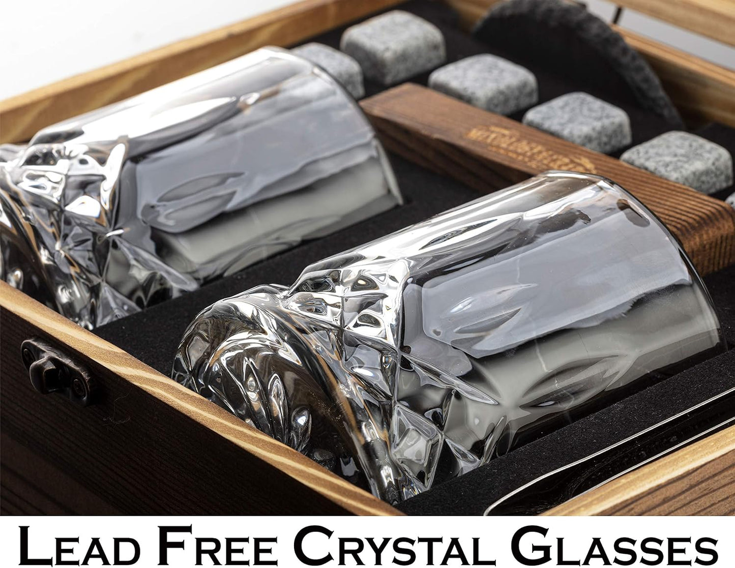 Mixology & Craft Whiskey Glasses Gift Set for Men 13-Piece with Pack of 2 Diamond Cut Glasses w/ 8 Granite Chilling Stones, 2 Coasters, Tongs & Cocktail Recipe Book in Wooden Crate