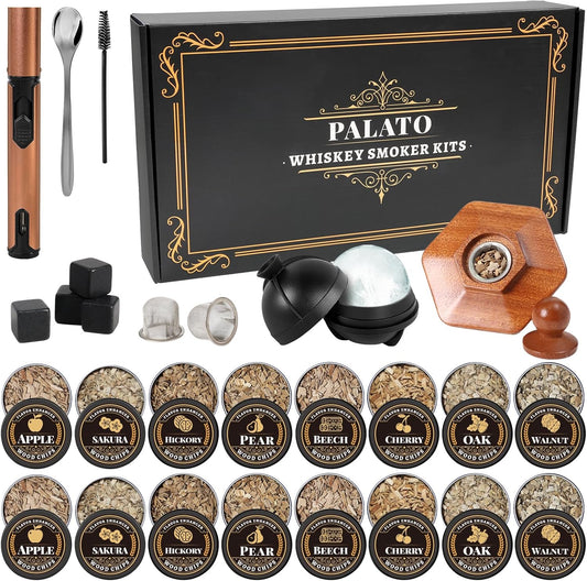 27Pcs Whiskey Smoker Kit- 16 Wood Chips,Ice Ball Molds, Cocktail Smoker Infuser Kit, Old Fashioned Drink Smoker Kit, Birthday Bourbon Whiskey Gifts for Husband,Men,Dad(No Butane)