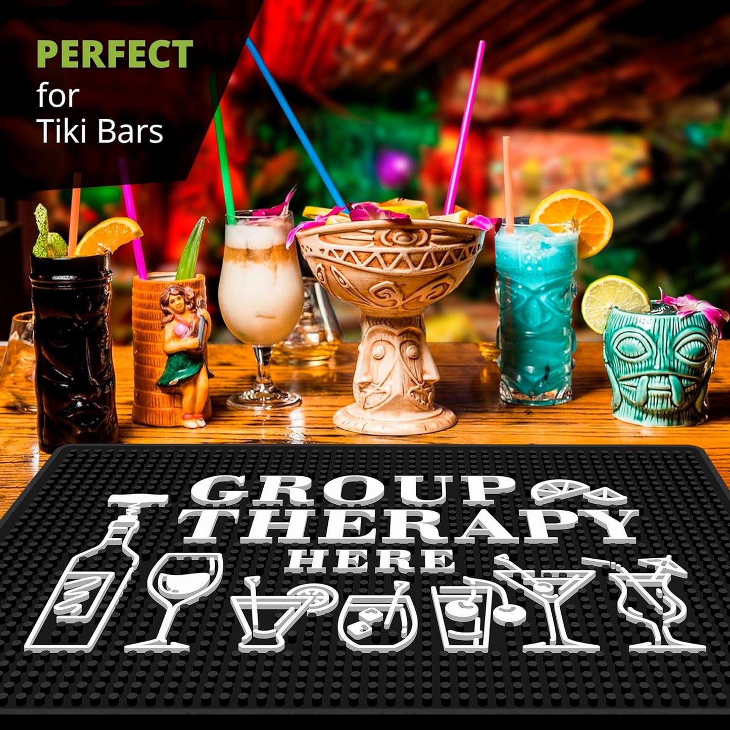Group Therapy Bar Mat – Heavy Duty 18"x12" Rubber Bar Mats for Countertop, Non-Slip Bartender & Spill Mat for Home Bar, Funny Bar Gifts