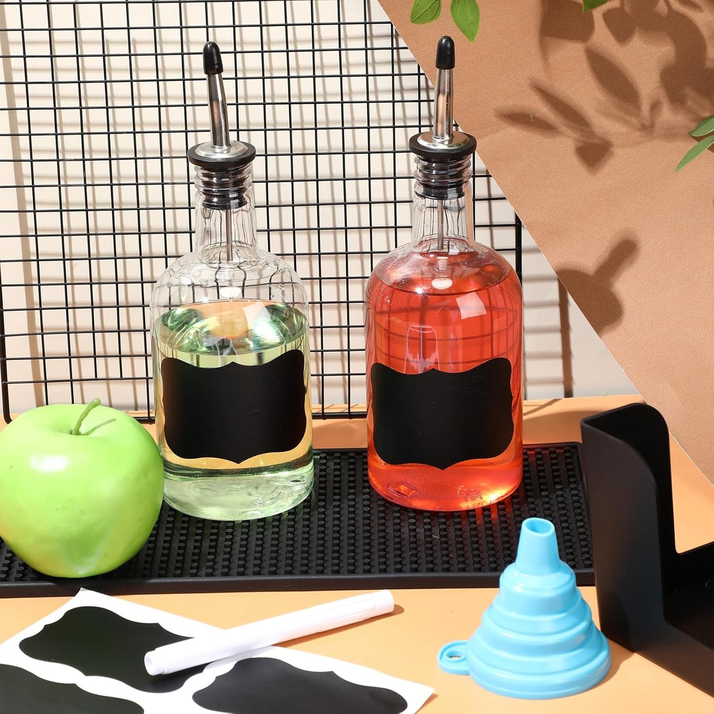 6 Sets 16 oz Plastic Long Neck Bottles with Pourers, Caps, Mats for Bartending, Plastic Bar Caddy Organizer for Bar Supplies Liquor Juice Store Syrup Bottles Pourers