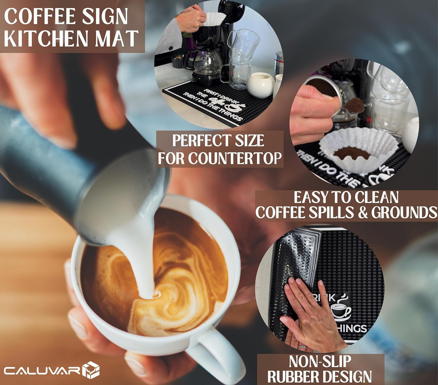 First I Drink the Coffee Then I Do the Things Silicone Station Mat for Countertop 18x12 in, Funny Coworker Gift, Coffee Bar Sign, Non-Slip Espresso Machine Mat, Dishwasher Safe