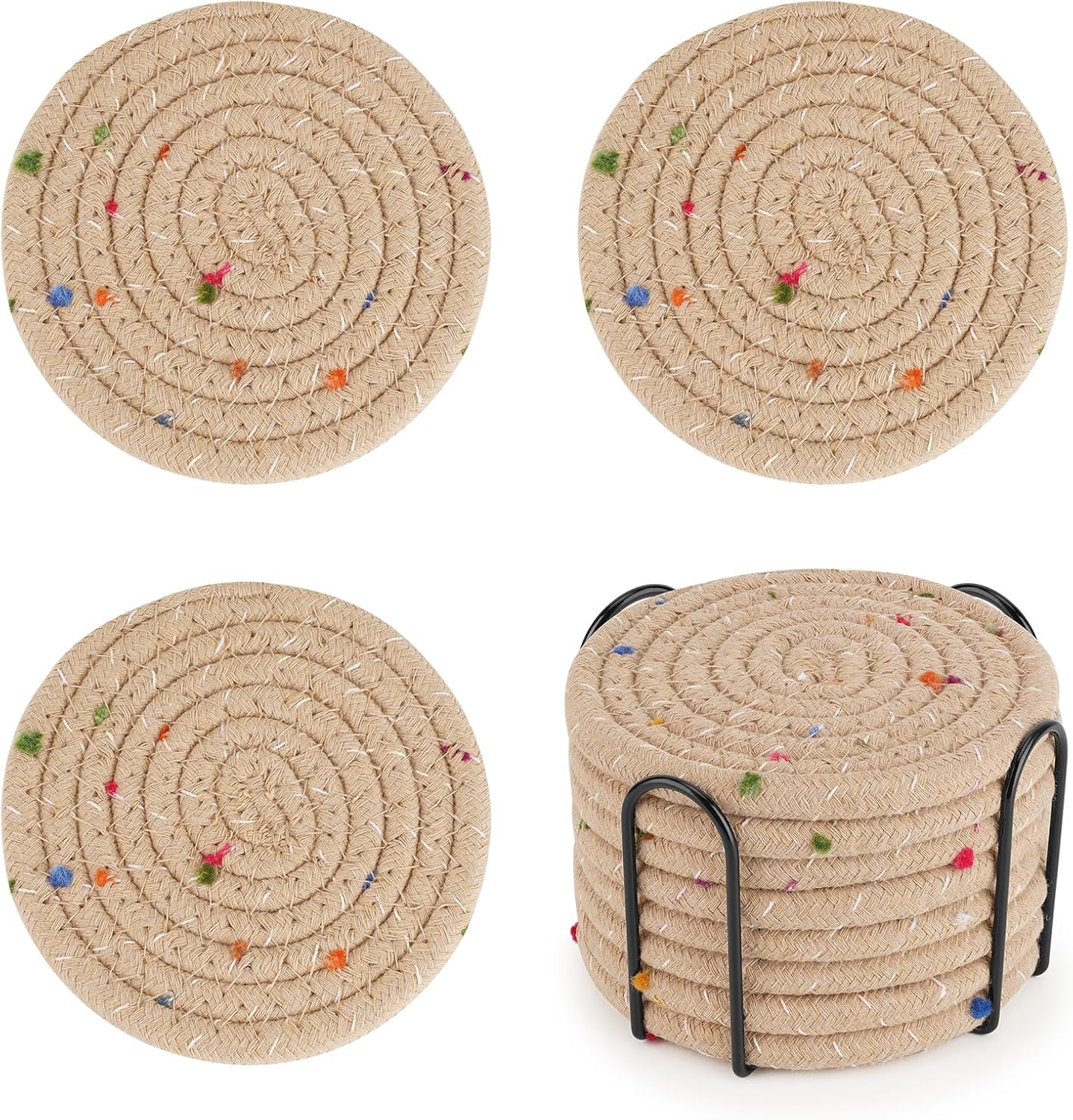 8pcs Handmade Cotton Woven Coasters Set with Holder, Super Absorbent Coasters for Coffee Table Protection, Home Decor