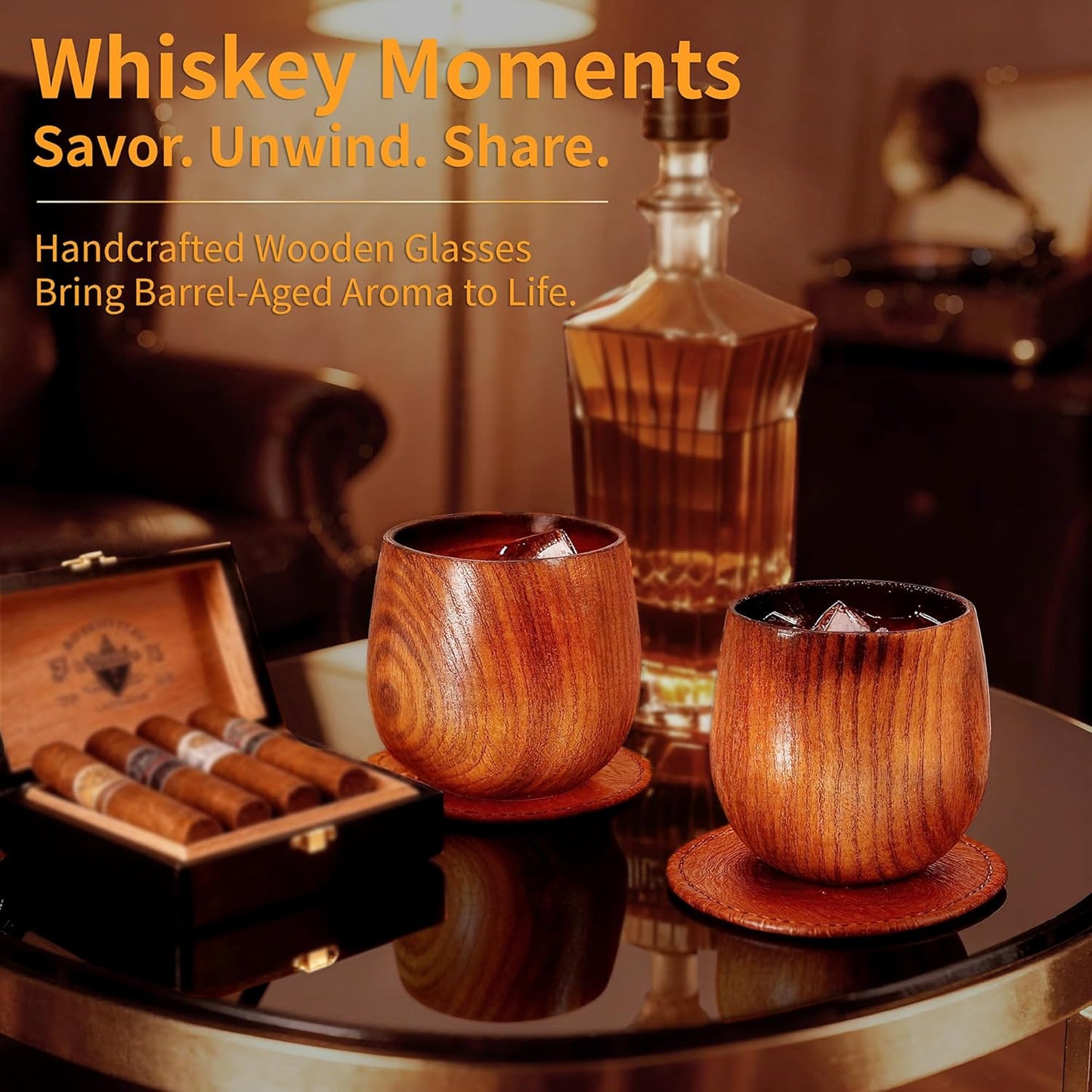 Charred Wooden Bourbon Glasses Set of 2 Whiskey Old Fashioned - Oak Tumblers with Stones & Coasters - Gifts for Men, Dad, Groomsmen, Brother & Whiskey Lovers