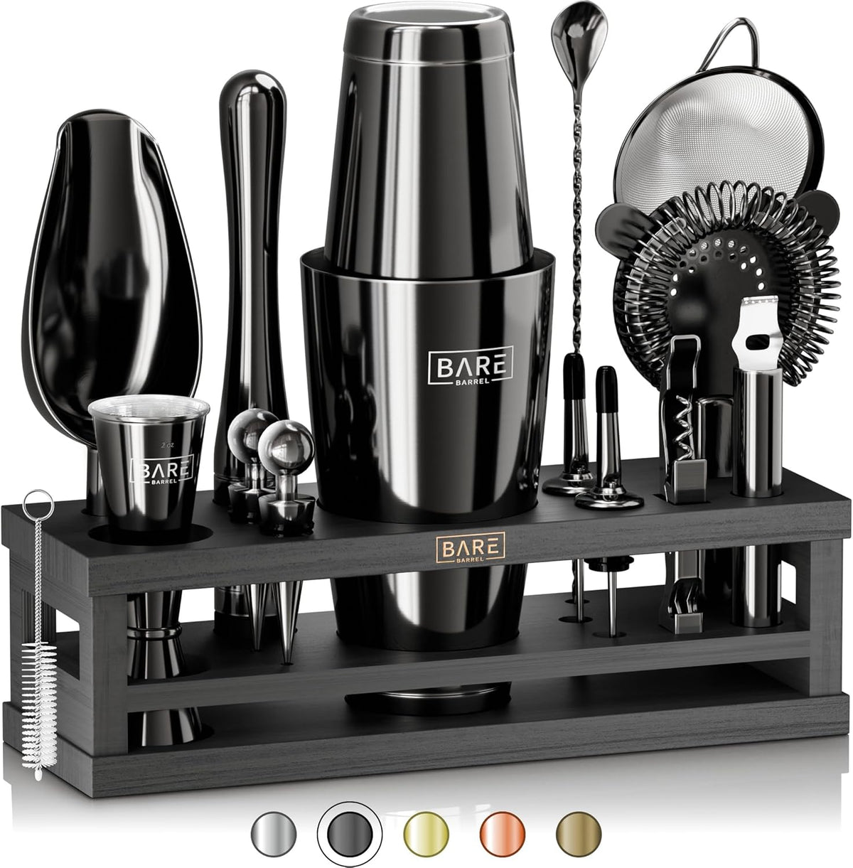 BARE BARREL® Mixology Bartender Kit Bar Set | 16-Piece Cocktail Shaker Set | Martini Barware Mixing Tools for Home Bartending | Incl. 35 Recipe Cards | Gift Set (28oz Boston Shaker, Silver/Natural) - Jet Black/Black