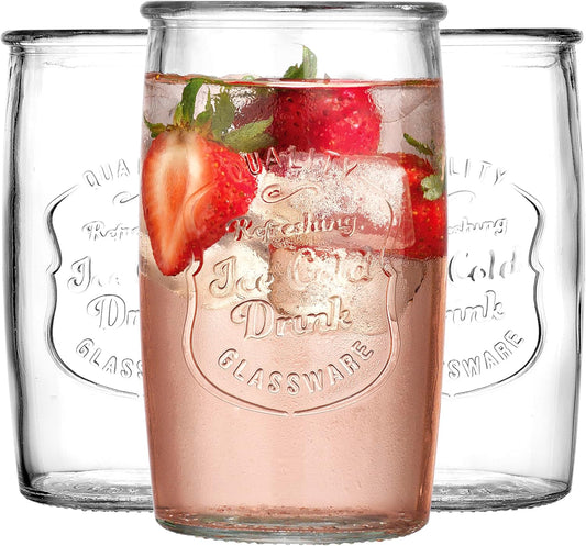 Glaver's Drinking Glasses Set of 4, Vintage Italian Style – Elegant 20 Oz Clear Tumbler Glassware Set– Genuine Artisan-Made for, Refreshing Drinks, Beverages, Cocktails. - Ice Cold