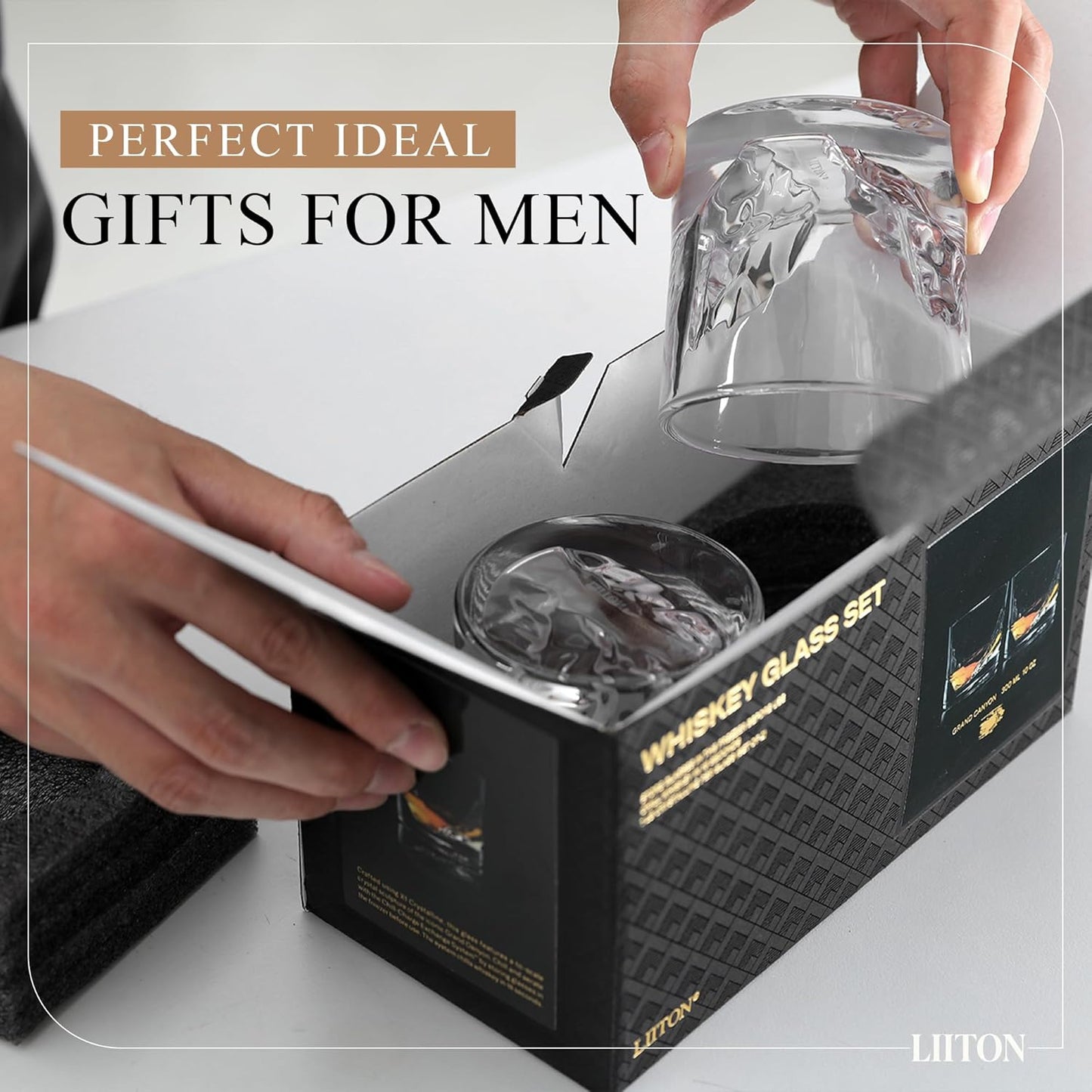 LIITON Grand Canyon Heavy Crystal Whiskey Glasses Gift Set of 4, Thick Freezable Bourbon Glass 1lb Each, Premium Whiskey Gifts for Men, Frozen Crystal Chills Cocktails, 10 oz