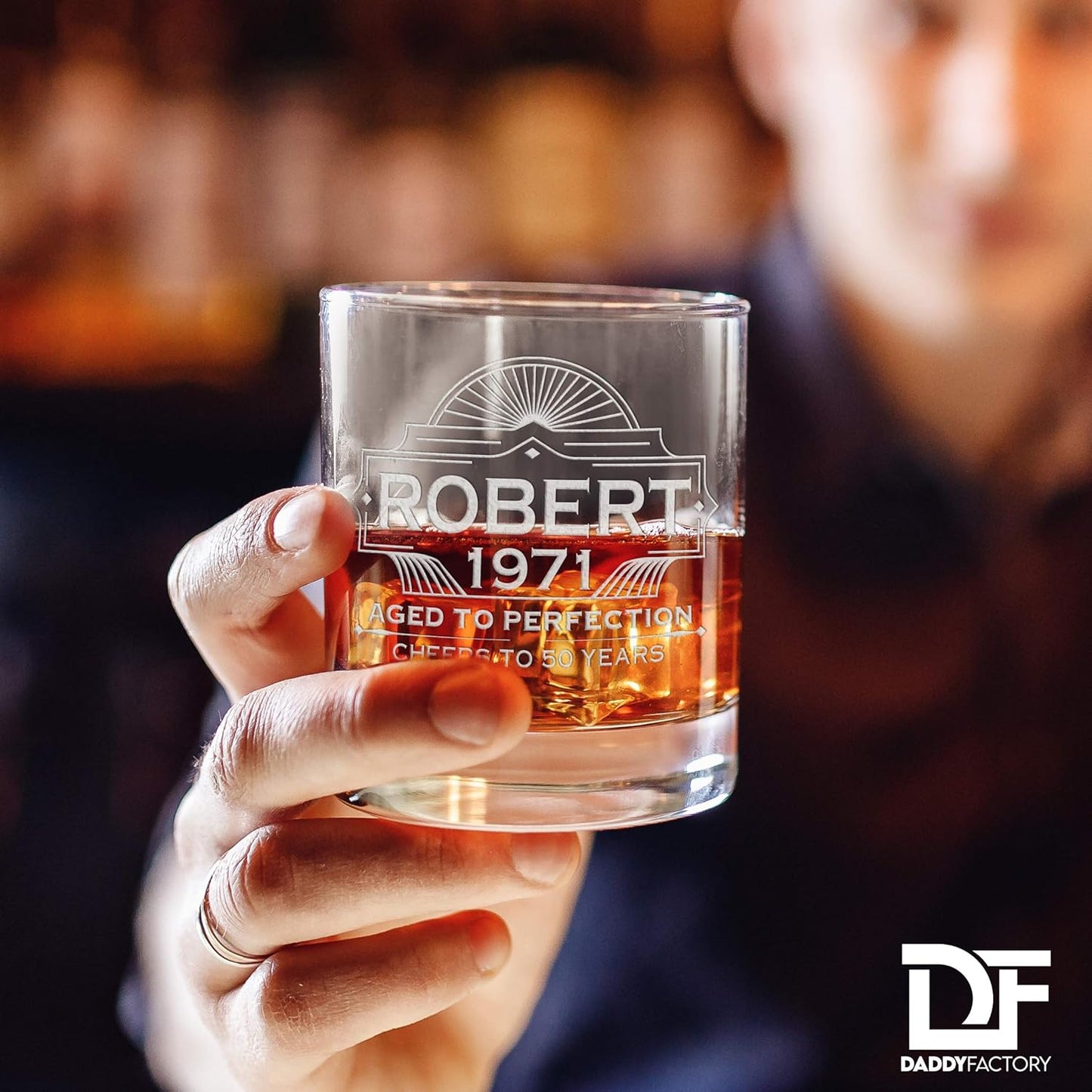 DaddyFactory Personalized Whiskey Glass For Men, Customized Engraved Etched Monogram Rocks Cocktail Glass, 10.25 oz Custom Whiskey Gift Glass Birthday Gift For Him, Aged To Perfection