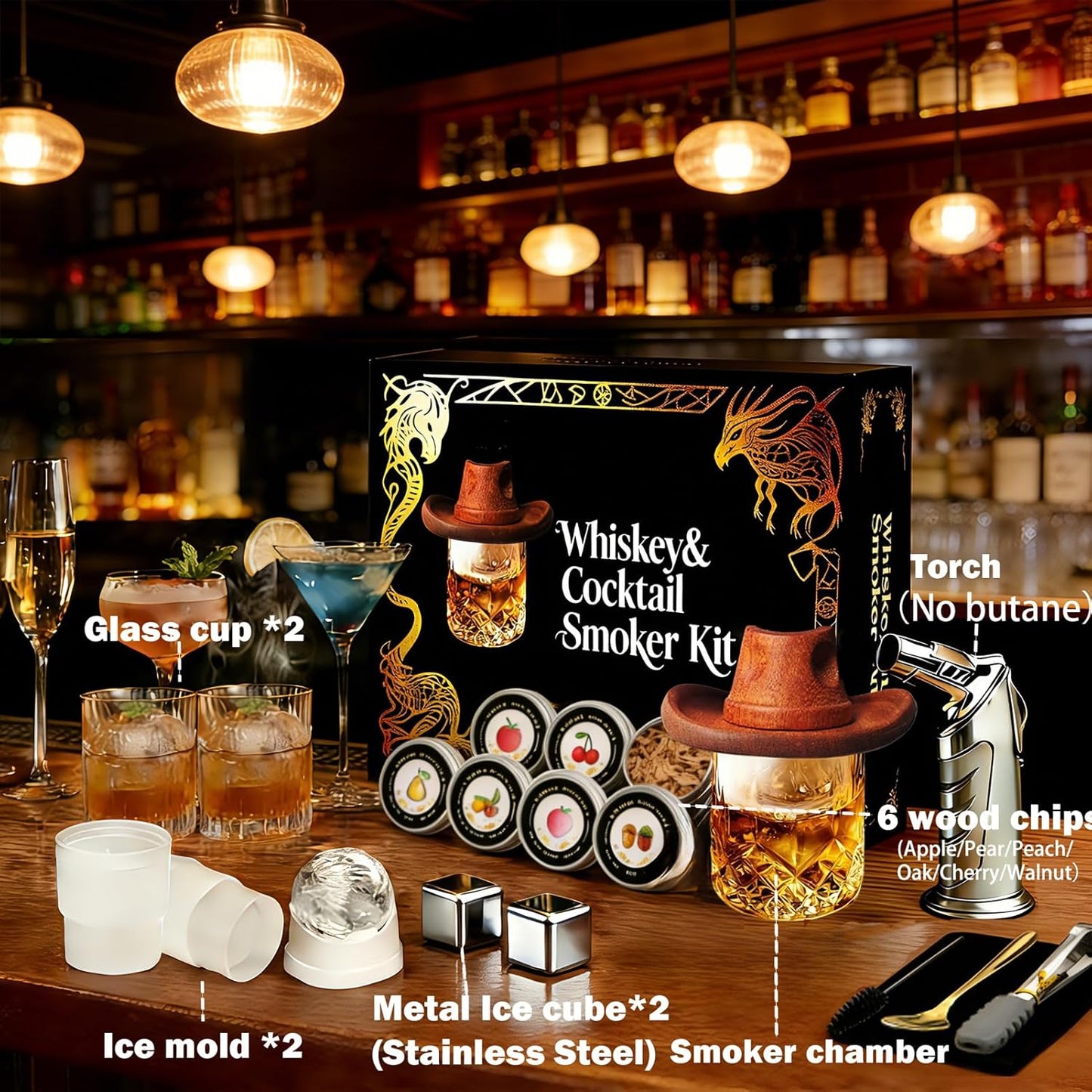 Whiskey Smoker Kit with Torch - 6 Flavors Wood Chips, 2 Metal Ice Cubes, 2 Glasses - Cocktail Smoker Infuser Kit, Old Fashioned Drink Smoker Kit, Birthday Whiskey Bourbon Gifts for Men,Dad(NO Butane)