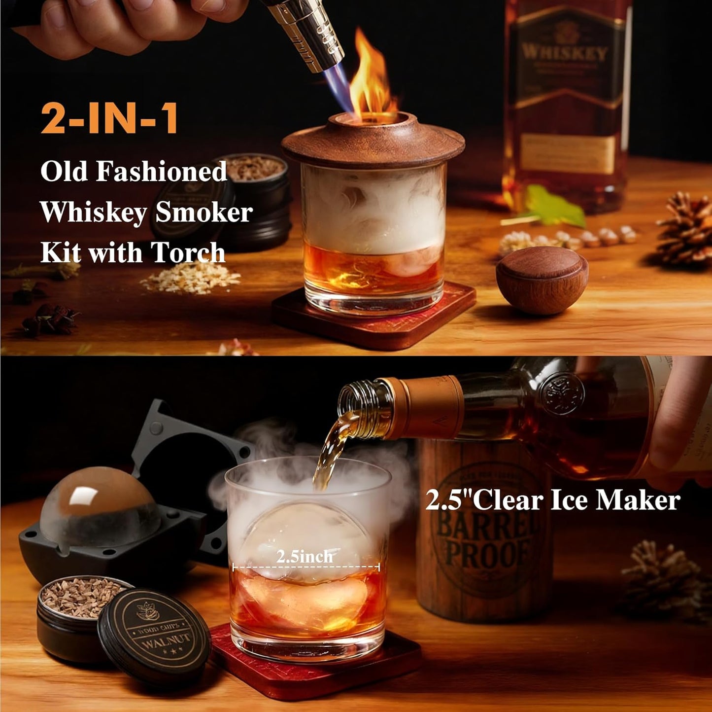 Whiskey Smoker Kit with Torch –Old Fashioned Smoker Kit for Bourbon & Whiskey – Drink Smoker Set with Wood Chips– Gift for Men, Dad, Husband/Father (1，Smoker Kit & Ice Ball Molds & Glasses)