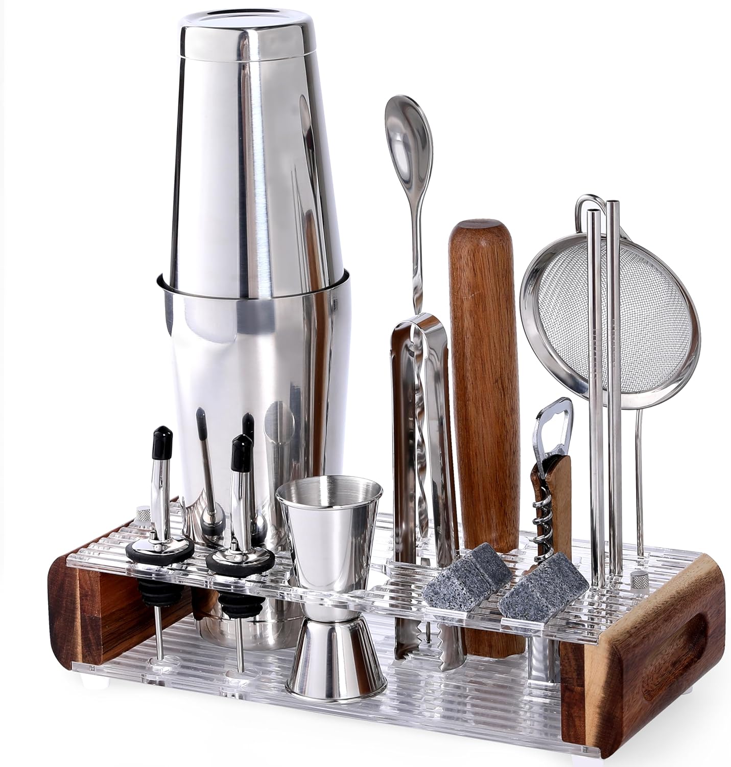 Mixology Bartender Kit with Stand - 15 Piece Bar Tool Set, Silver Bar Set Cocktail Shaker Set for Drink Mixing - Includes Martini Shaker, Jigger, Strainer, Bar Mixer Spoon, Tongs, Opener | Gift Idea