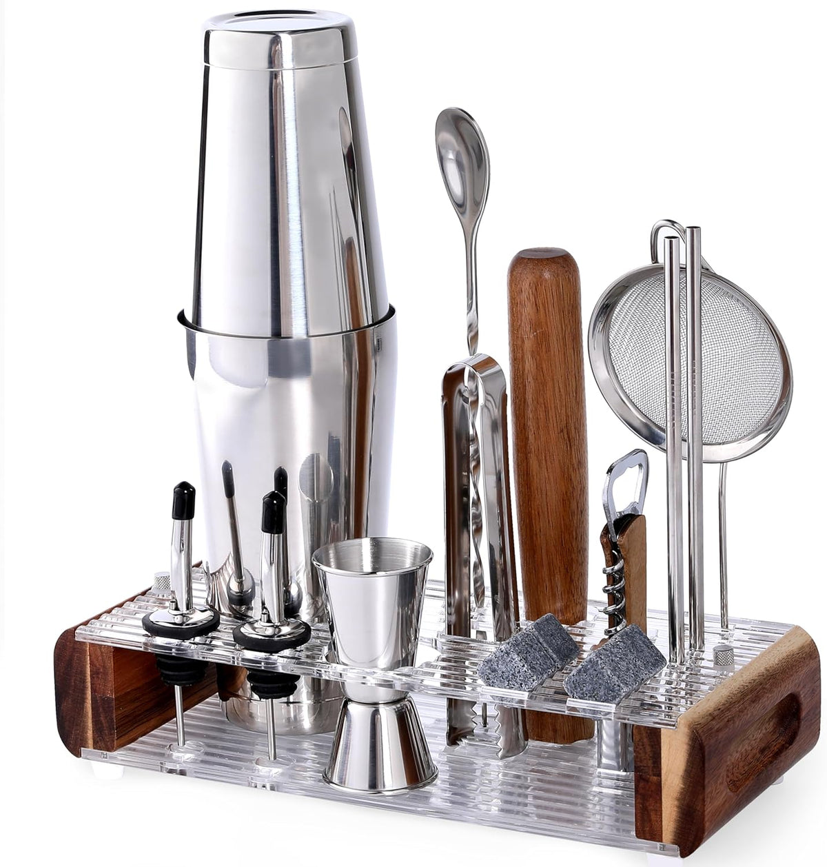 Mixology Bartender Kit with Stand - 15 Piece Bar Tool Set, Silver Bar Set Cocktail Shaker Set for Drink Mixing - Includes Martini Shaker, Jigger, Strainer, Bar Mixer Spoon, Tongs, Opener | Gift Idea - Wood