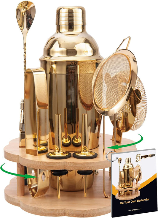 Cocktail Shaker Set Bartender Kit with Rotatble Bamboo Stand,11 Piece Bar Set Stainless Steel Bar Accessories for Drink Mixing, Bar, Home, Party (Gold)