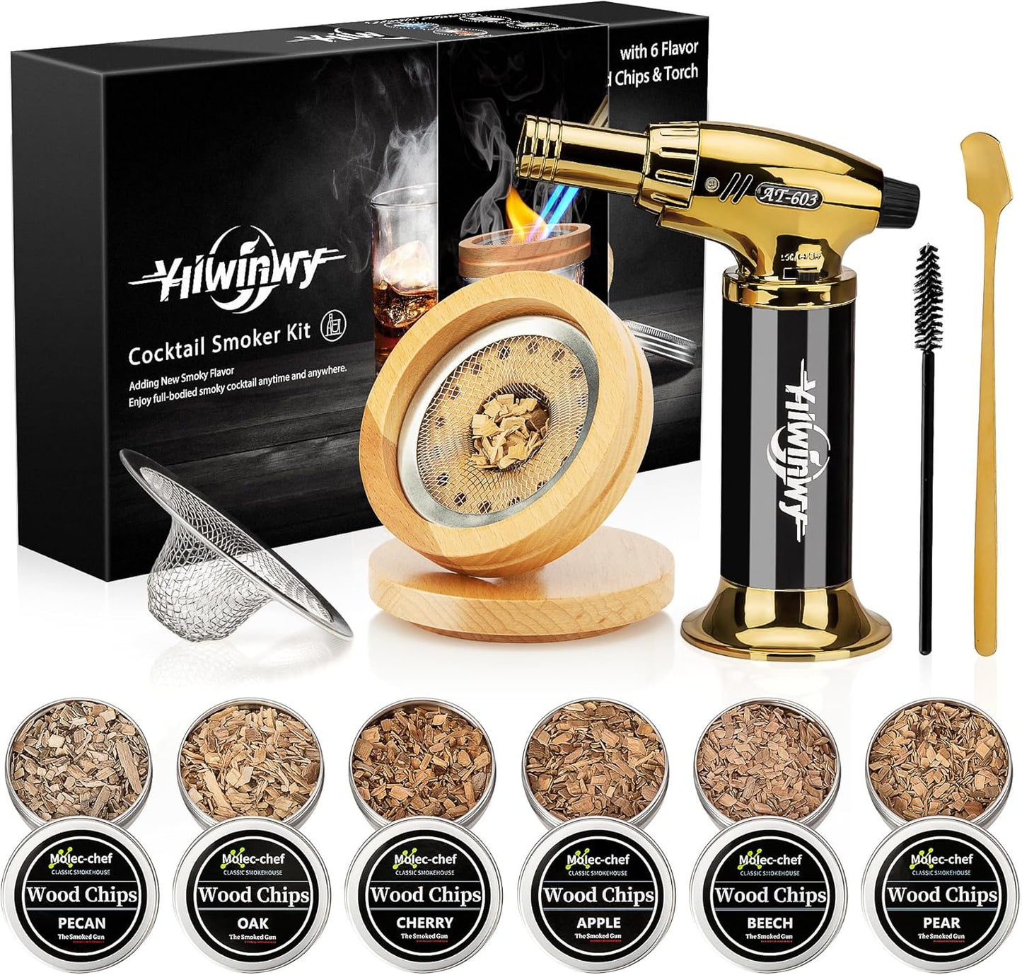 Cocktail Smoker Kit with Torch,Whiskey Smoker Kit,Bourbon/Drink/Old Fashioned Smoker Kit with 6 Flavor of Wood Chips,Christmas Gifts for Men,Husband,Dad (No Butane)