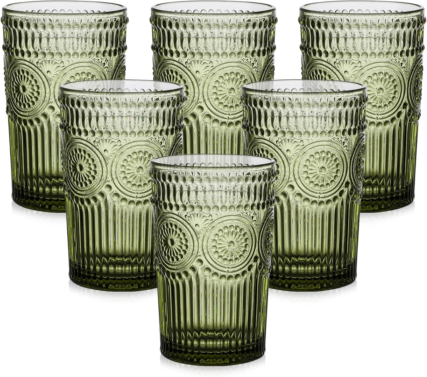 ZMOWIPDL Vintage Glassware Drinking Glasses Set of 6,13 oz Green Textured Flower Design Glass Water Tumblers，Embossed Striped Drinkware for Water,Cocktails,Juice,Iced Coffee
