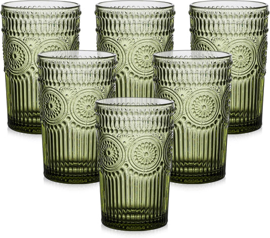 ZMOWIPDL Vintage Glassware Drinking Glasses Set of 6,13 oz Green Textured Flower Design Glass Water Tumblers，Embossed Striped Drinkware for Water,Cocktails,Juice,Iced Coffee