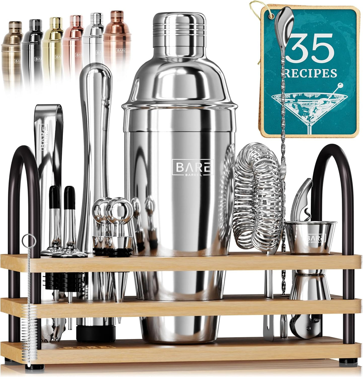 BARE BARREL® Mixology Bartender Kit Bar Set | 14-Piece Cocktail Shaker Set | Martini Barware Mixing Tools for Home Bartending | 35 Recipe Cards | Gift Set (24oz Cobbler Shaker, Gold/Black) - Silver/Natural