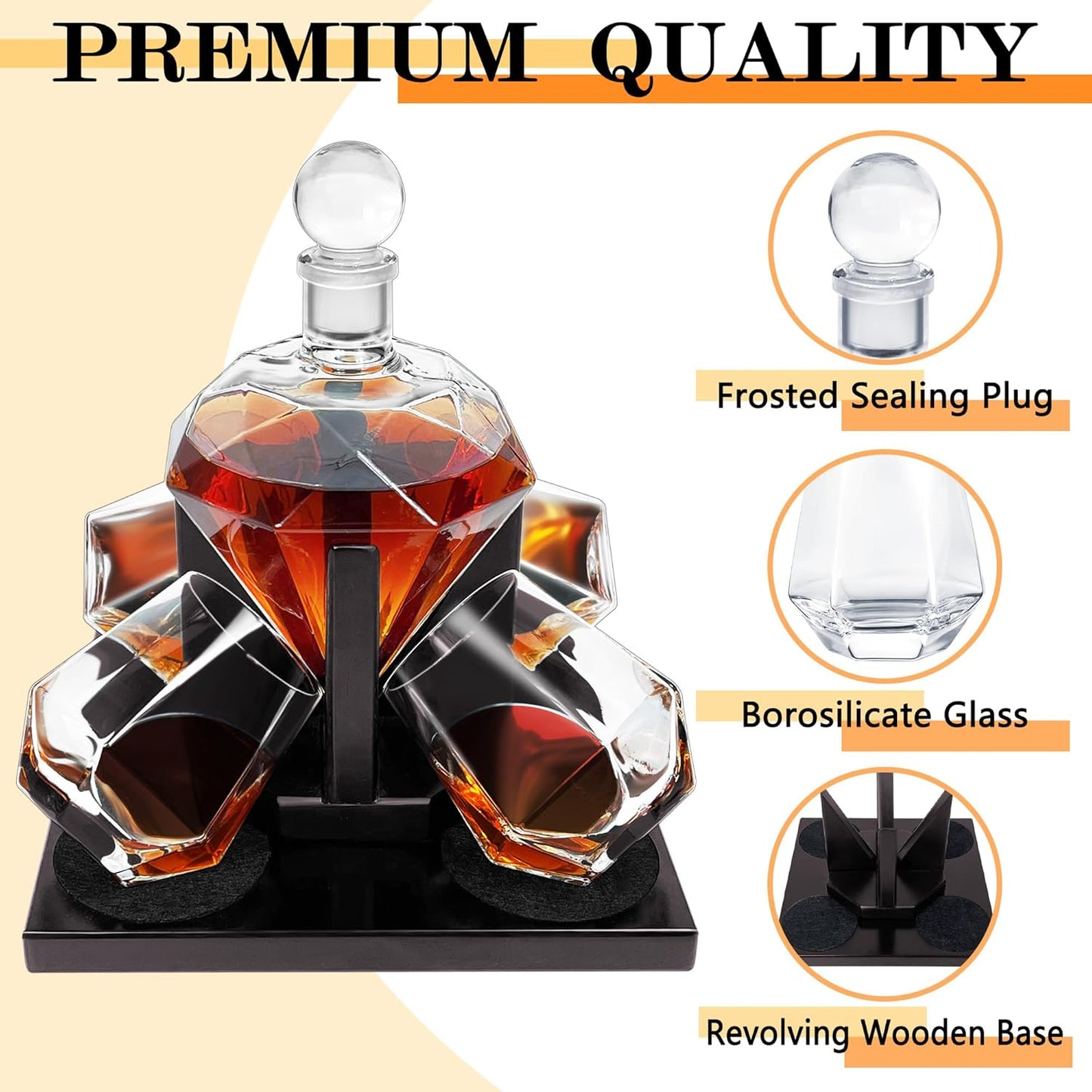 Diamond Whiskey Decanter Set, Diamond Decanter Set with 4 Glasses 4 Whiskey Stones, Decanter Whiskey Set Gifts for Men