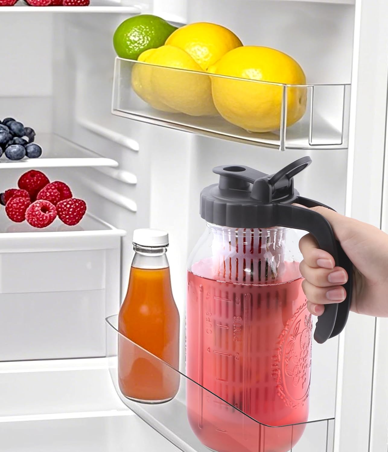 64 Oz Glass Mason Jar Water Pitcher With Infuser Half Gallon Mason Jug Carafe Wide Mouth 2 Quart Pitcher With Lid For Cold Hot Tea Coffee Lemonade beverage Breast Milk Juice Container For Fridge