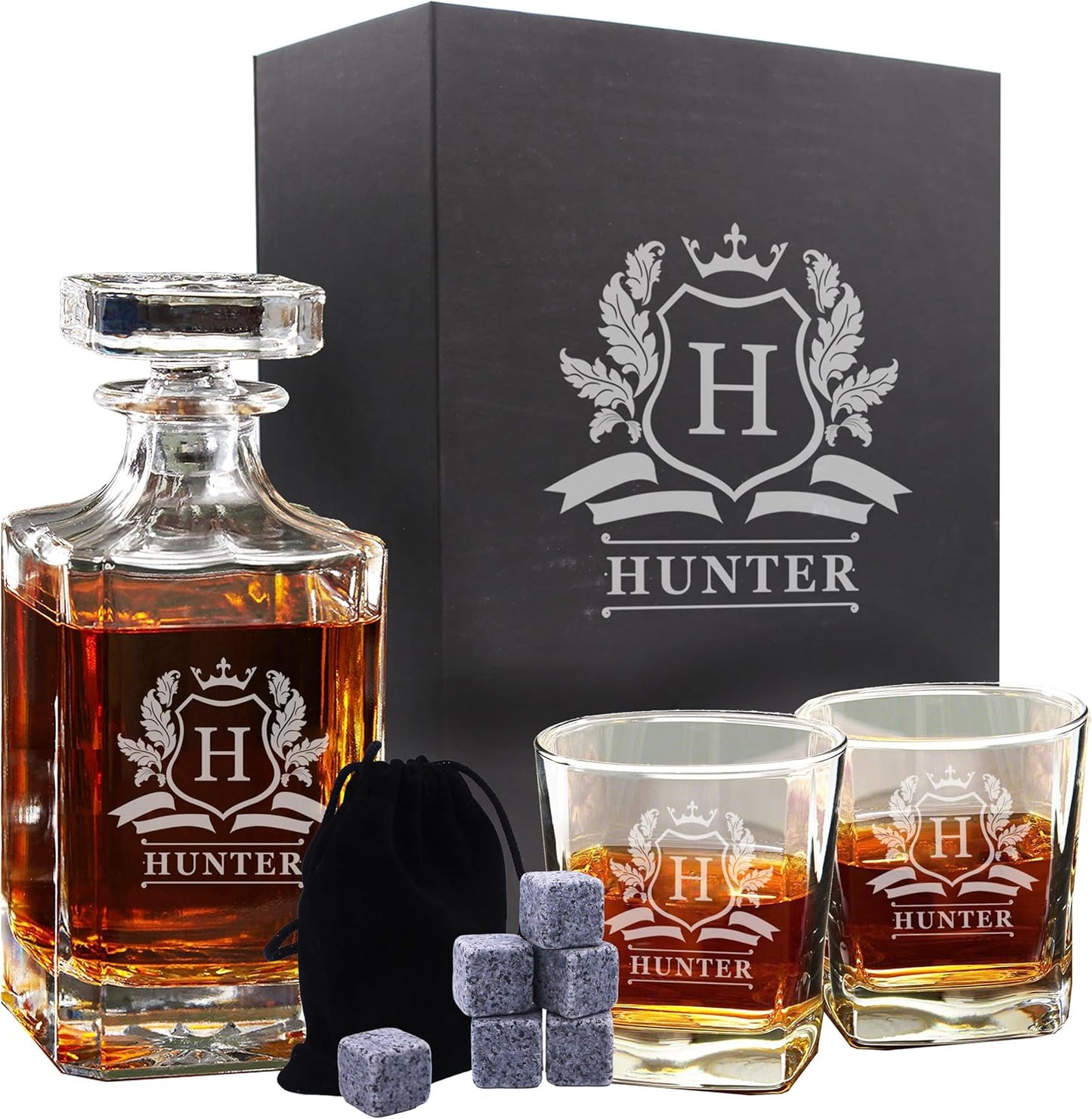 The Wedding Party Store, Personalized Whiskey Decanter and Glasses Set - Custom Monogrammed with Cavalier Design