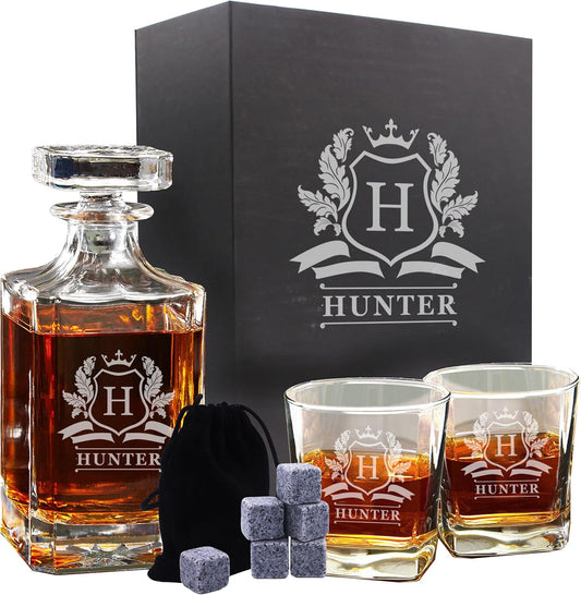 The Wedding Party Store, Personalized Whiskey Decanter and Glasses Set - Custom Monogrammed with Cavalier Design
