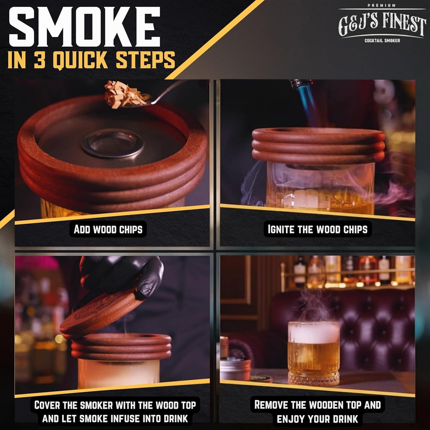 Whiskey Smoker Kit with 3-Flame Torch - 6 Wood Chips & Gift Box for Smoking Drinks| Cocktail Smoker Kit| Bourbon Smoker Kit| Old Fashioned Smoker Kit | Whiskey Gift for Men (No Butane Incl.)