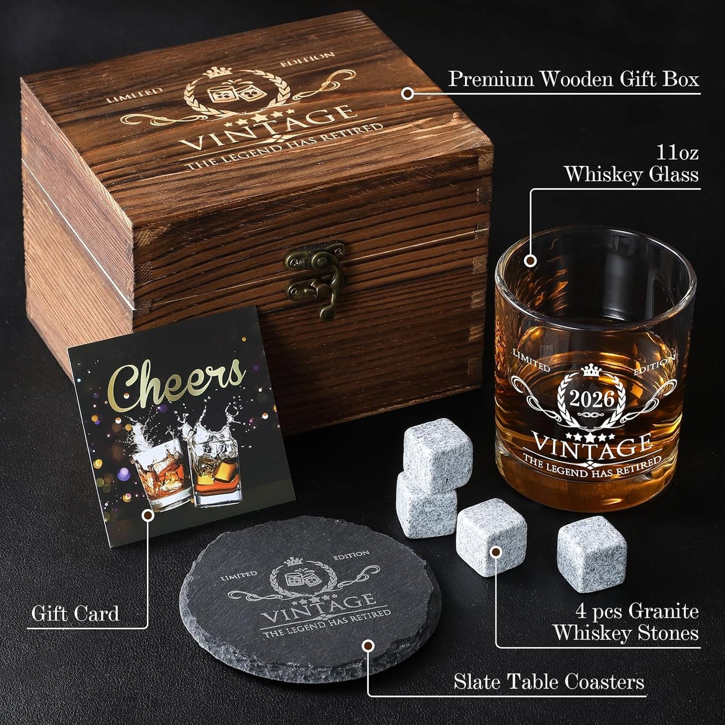 Retirement Gifts for Men Whiskey Glass Set - The Legend Has Retired 2026 - Retirement Party Decorations, Supplies - Gifts Ideas for Him, Dad, Husband, Friends - Wood Box & Whiskey Stones & Coaster