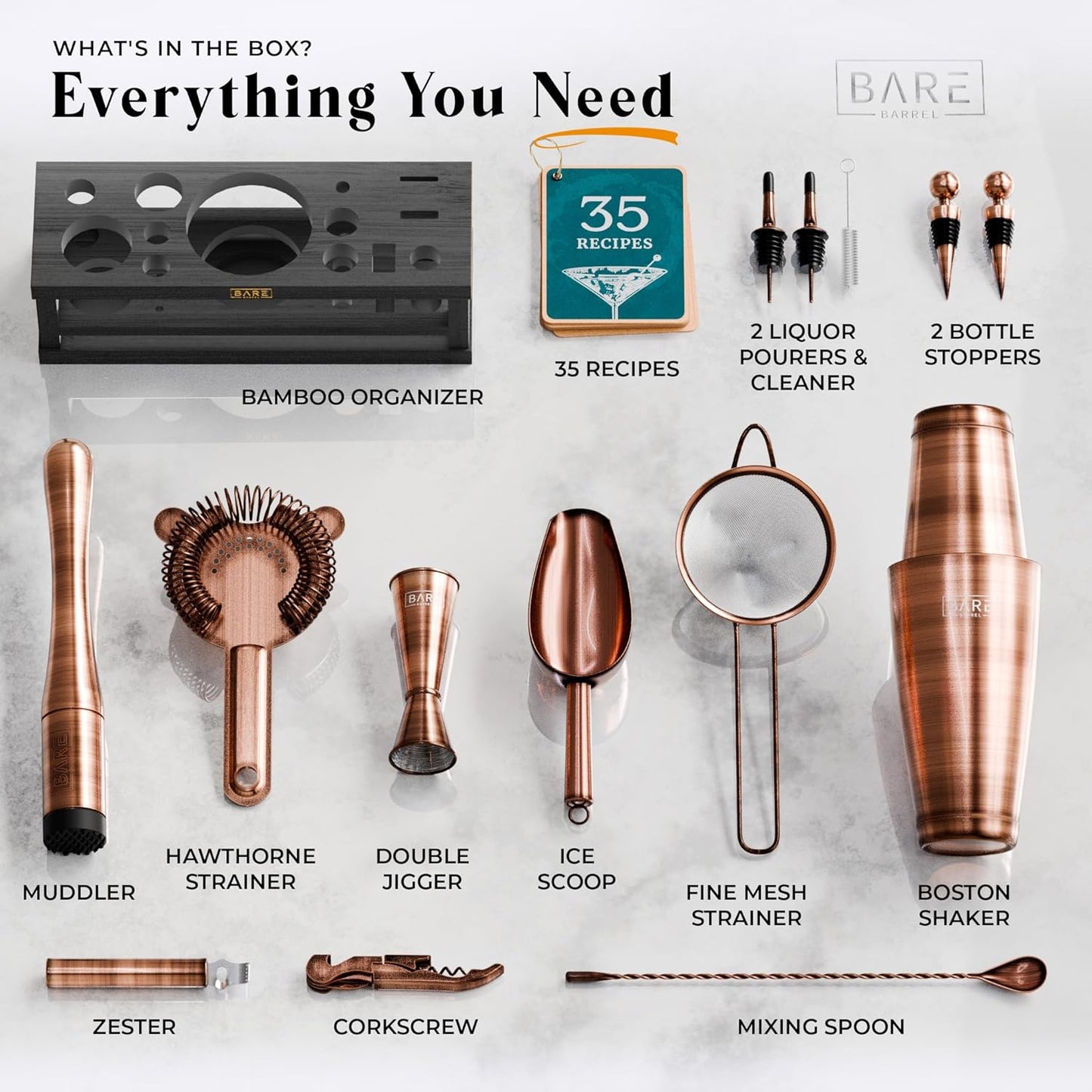 BARE BARREL® Mixology Bartender Kit Bar Set | 16-Piece Cocktail Shaker Set | Martini Barware Mixing Tools for Home Bartending | Incl. 35 Recipe Cards | Gift Set (28oz Boston Shaker, Copper/Black)