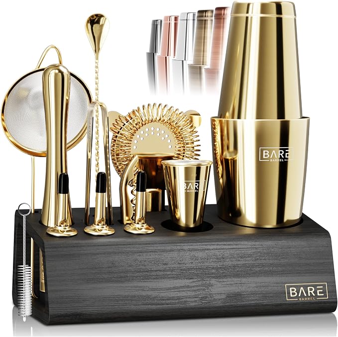 BARE BARREL® Mixology Bartender Kit Bar Set | 14-Piece Cocktail Shaker Set | Martini Barware Mixing Tools for Home Bartending | Incl. 35 Recipe Cards | Gift Set (28oz Boston Shaker, Silver/Black) - Gold/Black