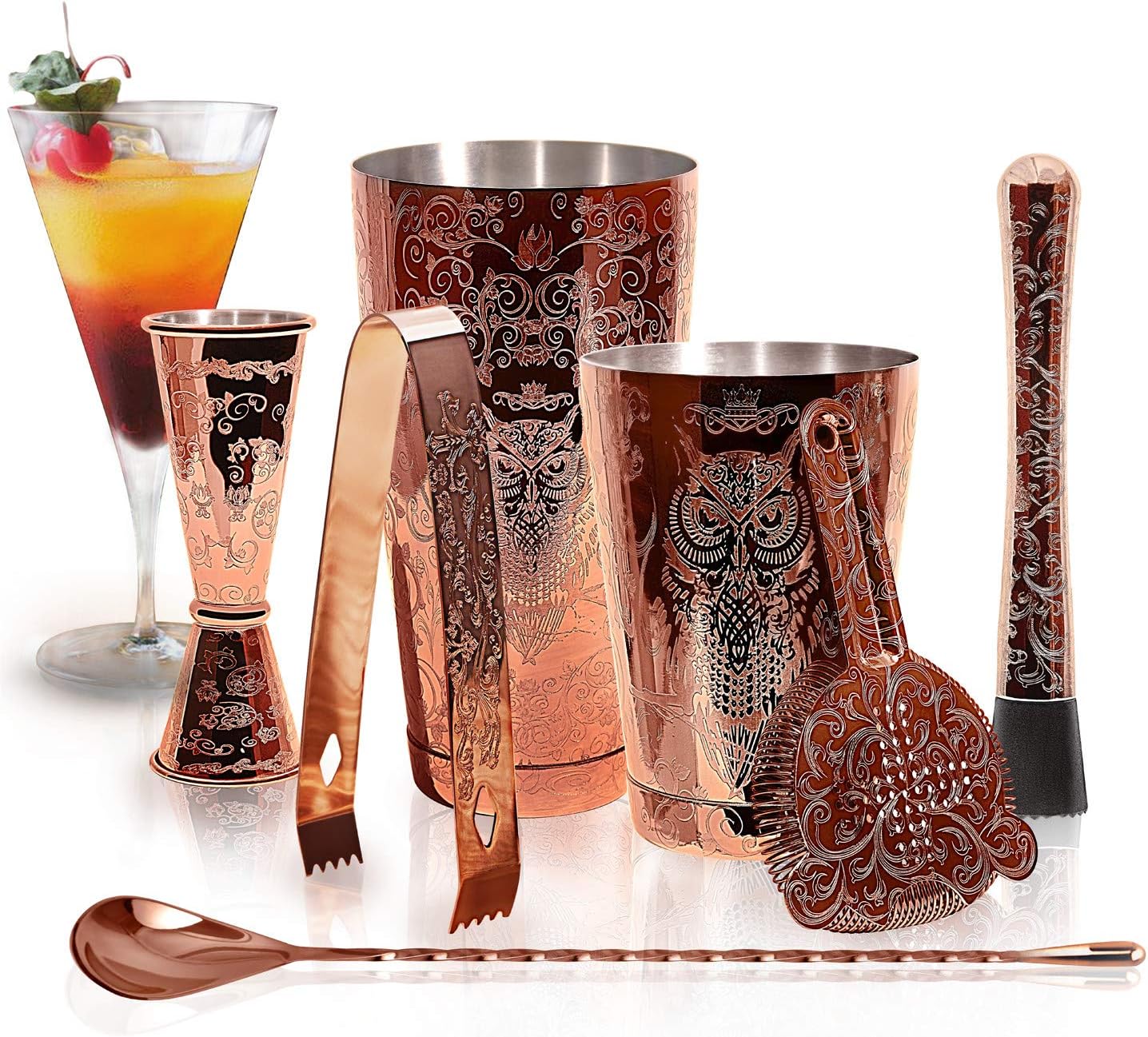 Sky Fish Bartender Kit Cocktail Shaker Set-6 Pieces Stainless Steel Copper Plated Etching Bar Tools with Boston Shaker Tins,Mixing Spoon,Mojito Muddler,Jigger,Hawthorne Strainer,Ice Tongs