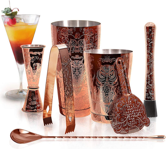 Sky Fish Bartender Kit Cocktail Shaker Set-6 Pieces Stainless Steel Copper Plated Etching Bar Tools with Boston Shaker Tins,Mixing Spoon,Mojito Muddler,Jigger,Hawthorne Strainer,Ice Tongs