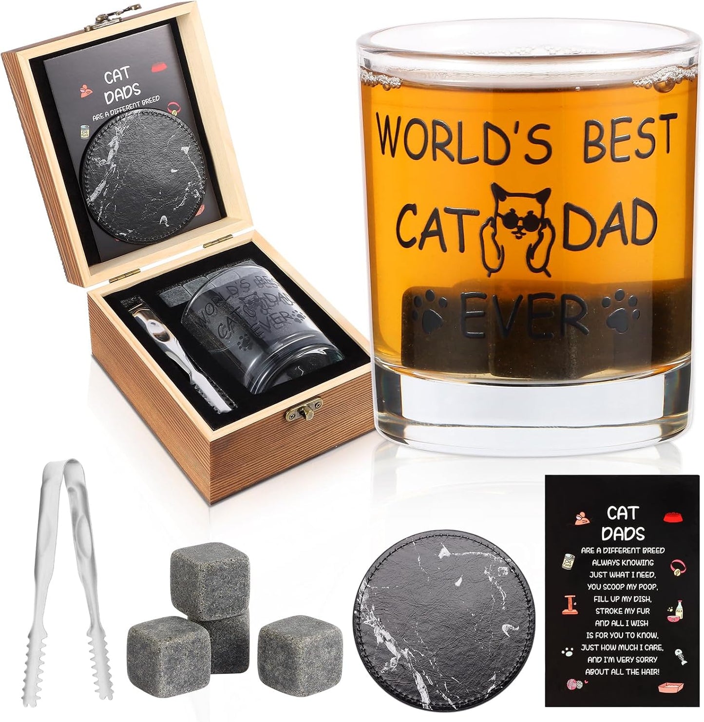 Bayelove Cat Dad Gifts, Best Gift for Dad, Gift with 12oz Whiskey Glasses, Stones, Coaster, Wooden Box for Catfather