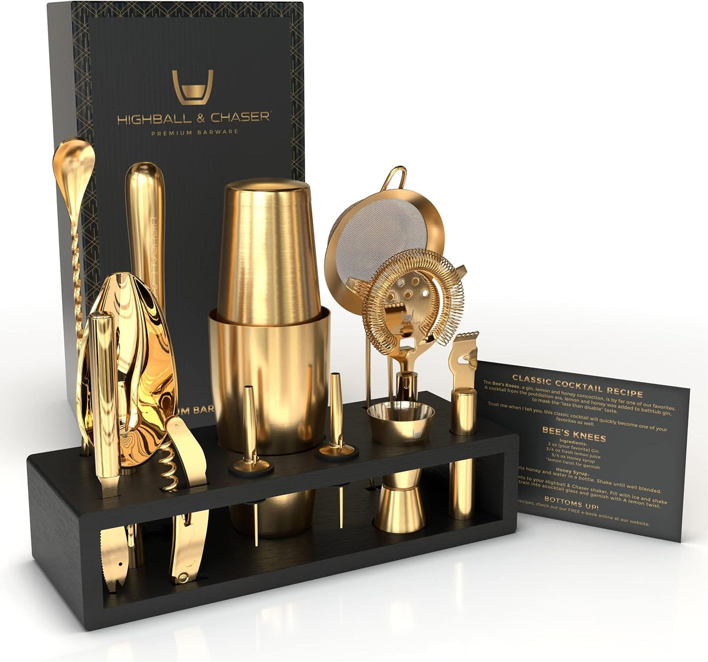 Highball & Chaser Bartender Kit with Black Bamboo Stand Beautiful Cocktail Shaker Set and Bar Tools Stainless Steel Boston Shaker Bartender Kit with Stand (Antique Gold)