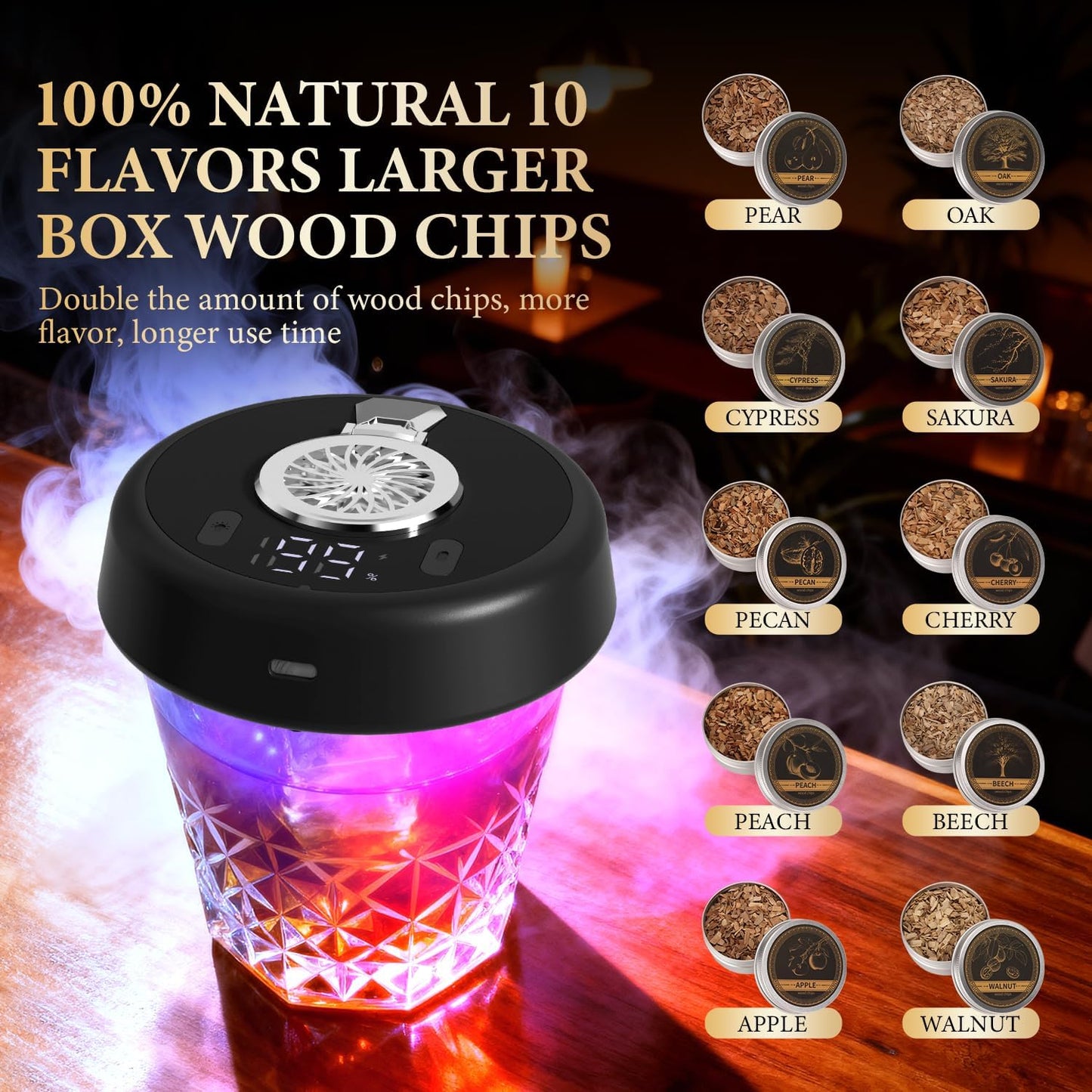 Electric Whiskey Smoker Kit, Torch-Free Rechargeable Cocktail Smoker with 7 Color Lights, Portable Drink Smoker with 10 Wood Chips, Ice Molds & Steel Cubes, Great Gift Idea for Whiskey Lovers