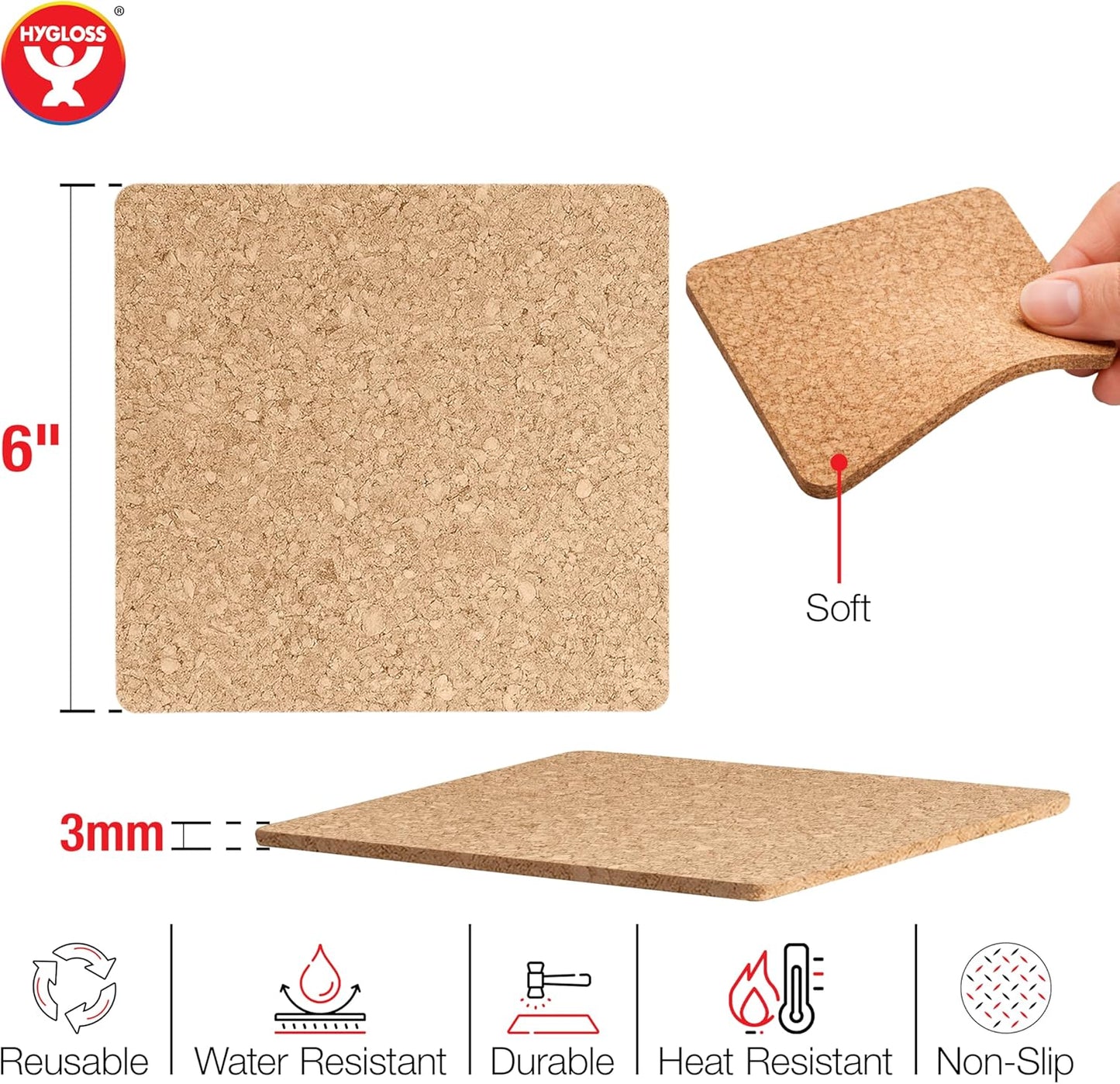 Hygloss Products Natural Cork Coasters - Eco Friendly Absorbent Square for Drinks, Trivets, and DIY Crafts, 3mm, 6 inch, Set of 6