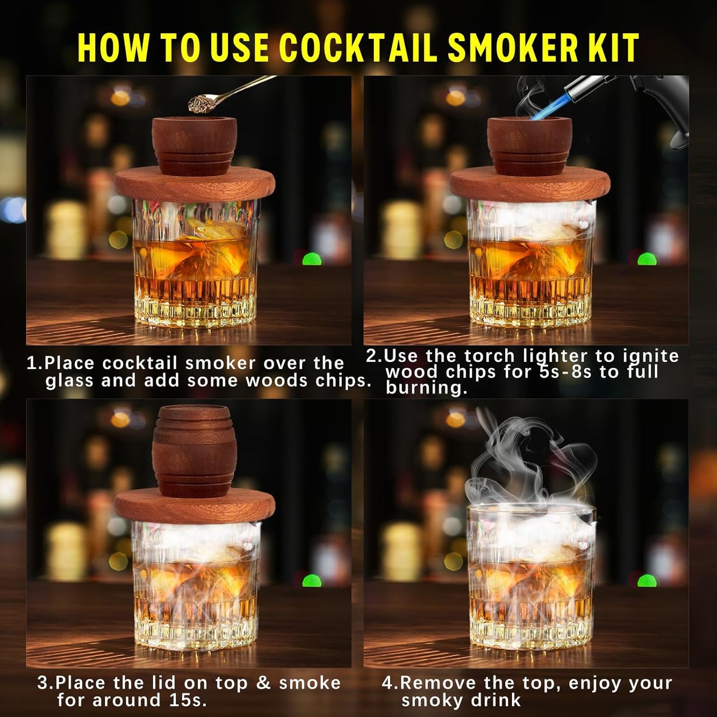 Whiskey Smoker Kit with Torch, Birthday Gifts for Him, Men, Dad, Husband, Cocktail Smoker Infuser Kit Old Fashioned Drink Smoker Kit Fathers Day Bourbon Gifts