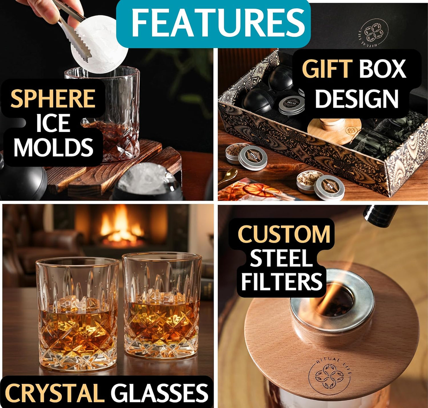 Whiskey Smoker Kit - Cocktail Smoker Kit with Torch, 2 Whiskey Glasses, 2 Ice Ball Makers, 6 Flavors Wood Chips - Old Fashioned Smokers - Bourbon Drink Smoking Set - Whiskey Accessories Gifts for Men