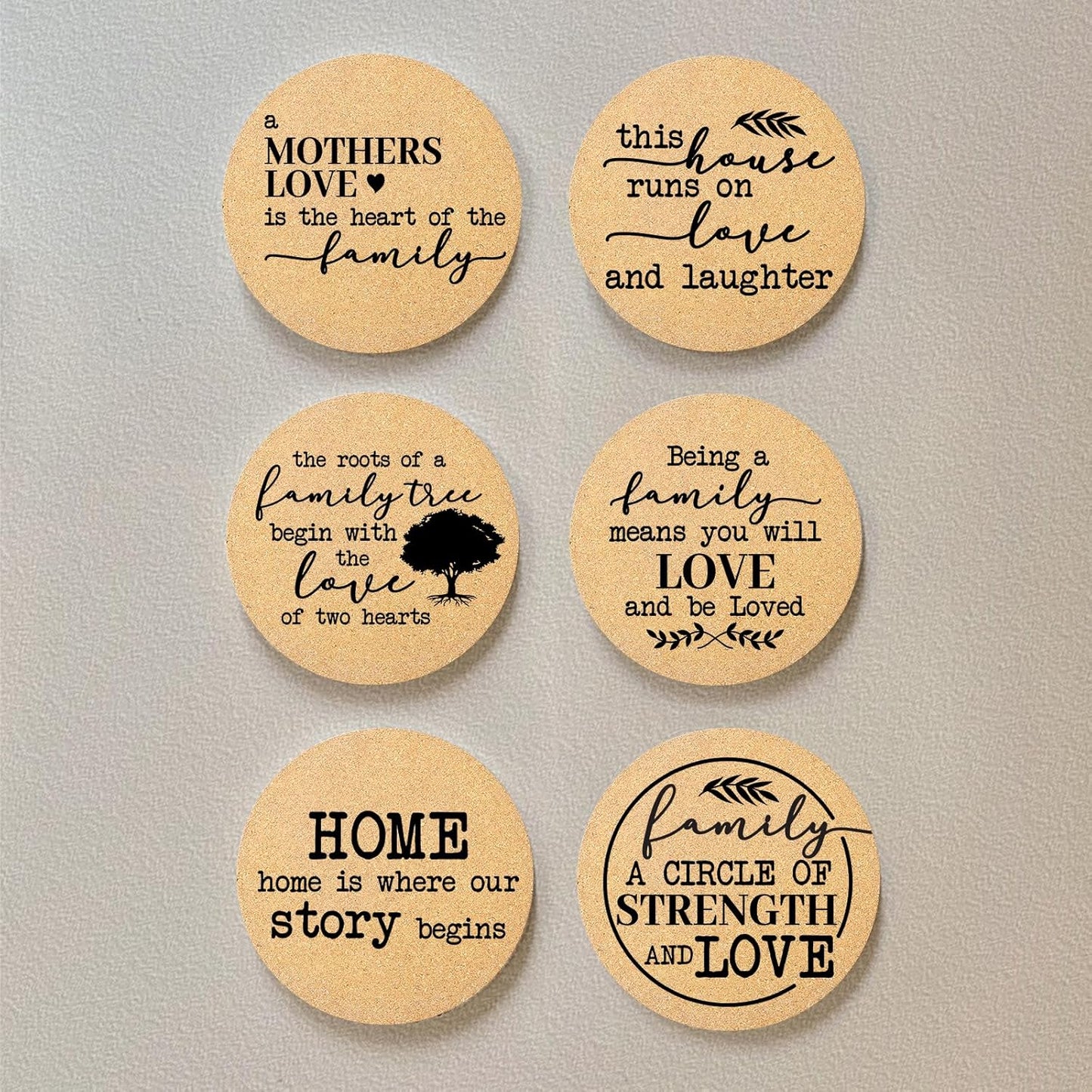 Coasters for Drinks with Holder Set of 6, Family Coasters Home&Love Coaster for New Home Couples House Warming Gifts Absorbent Cork Wood for Cup Desk Coffee Table Office Kitchen Decor, Round 4"