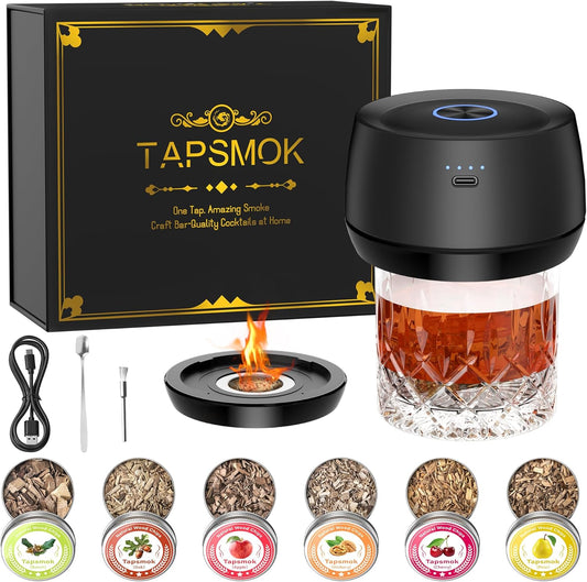 Electric Whiskey Smoker Kit: Rechargeable Cocktail Smoker for Old Fashioned & Bourbon Drinks with Built-in Lighter, No Butane Needed, 6 Wood Chips, Christmas Whiskey Gift for Men, Dad, Husband