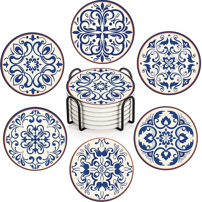 Coasters for Drinks, Set of 6, Ceramic Stone Moroccan Spanish - B0CG9DPMK3