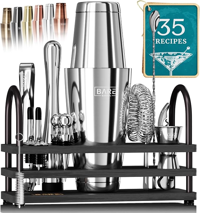 BARE BARREL® Mixology Bartender Kit Bar Set | 14-Piece Cocktail Shaker Set | Martini Barware Mixing Tools for Home Bartending | 35 Recipe Cards | Gift Set (28oz Boston Shaker, Jet Black/Black) - Silver/Black