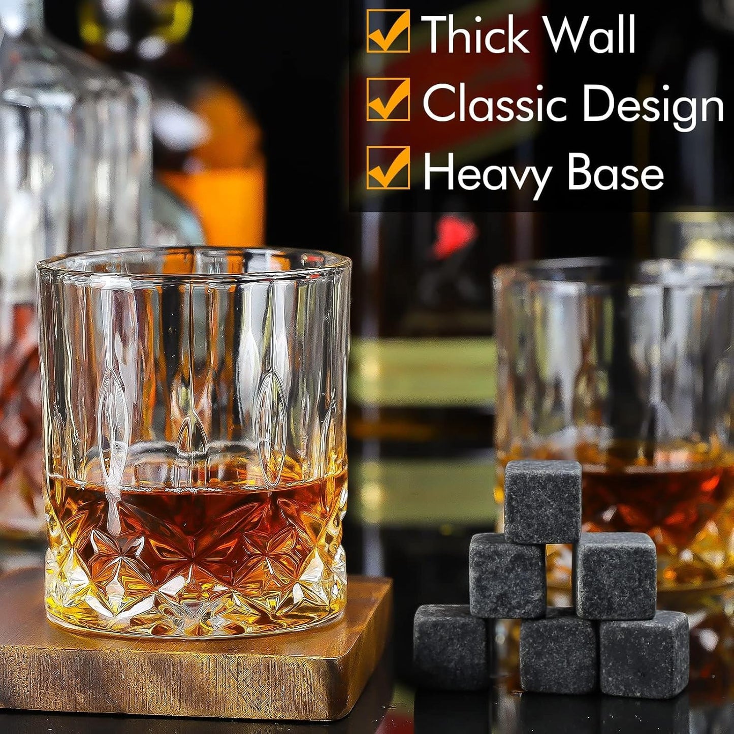 Whiskey Decanter Set for Men, 2pcs Whiskey Glass Cups and 1pcs Glass Decanter with Cooling Stones Clear Whisky Liquor Bottle for Whiskey Bourbon Rum Men Fathers'Gift